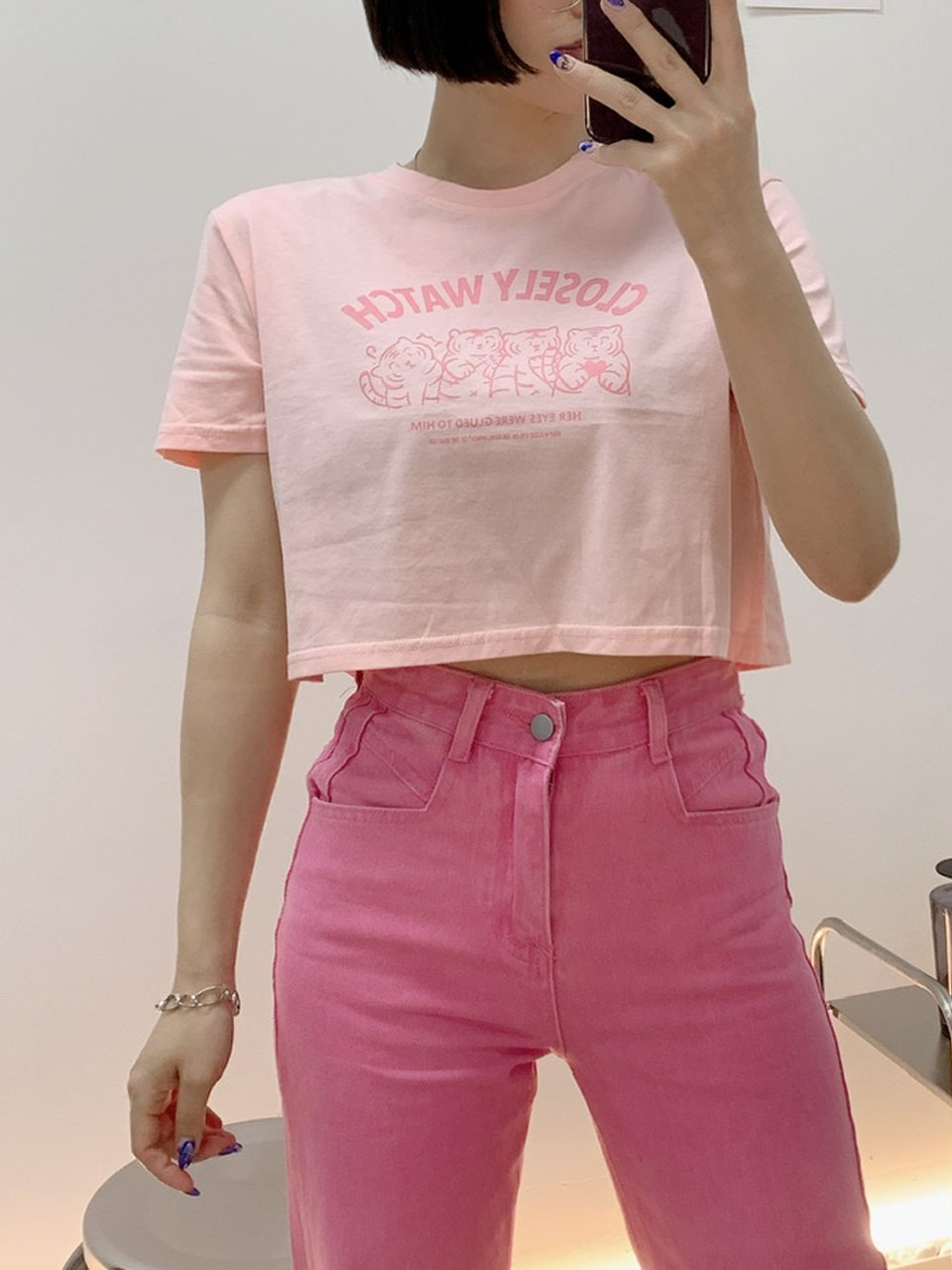 애기 호랑이 핑크 라운드 반팔 기본핏 크롭 티셔츠