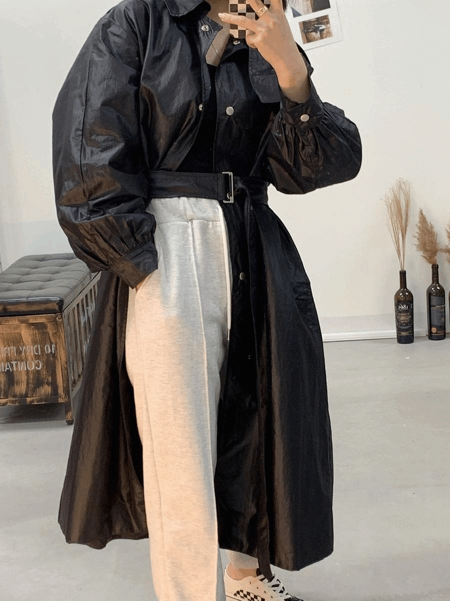 롱 샤이니 원버튼 간절기 벨트 바바리 광택 퍼프 트렌치 코트 자켓