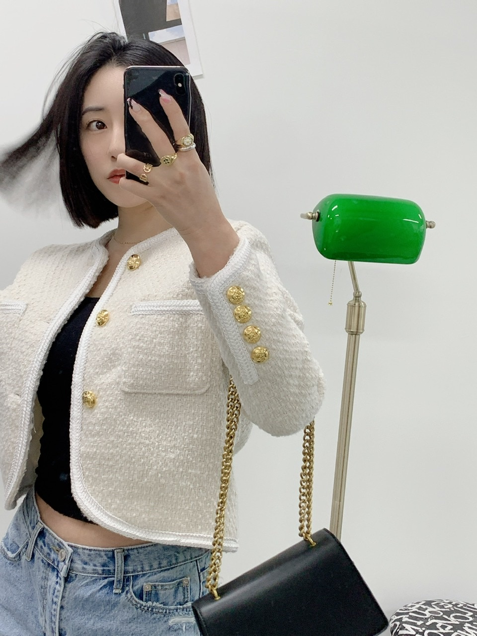 럭셔리 클래식 고퀄리티 울 레이온 트위드 골드단추 자켓