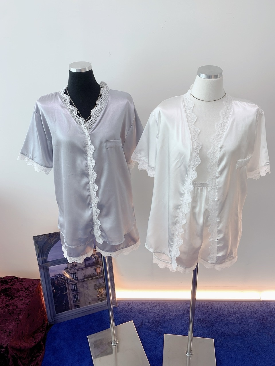 실크 레이스 반팔 밴딩반바지 홈웨어 파자마 잠옷 세트(2color)