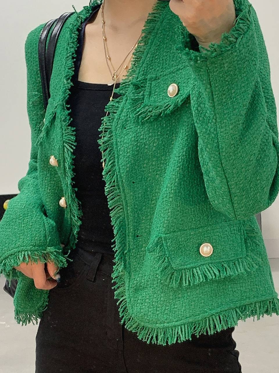 트위드 진주버튼 기본핏 데일리 그린 초록색 브이넥 간절기 자켓